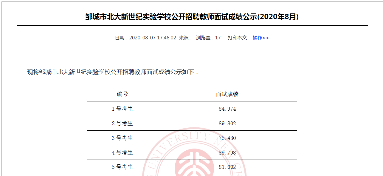 邹城市北大新世纪实验学校公开招聘教师面试成绩公示(2020年8月)