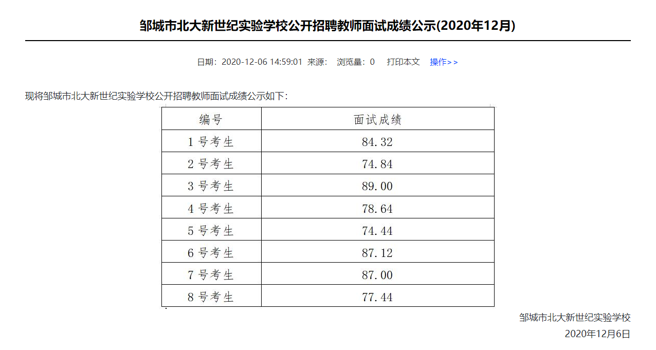 邹城市北大新世纪实验学校公开招聘教师面试成绩公示(2020年12月)